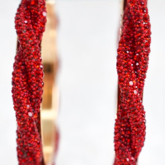 3" Boho Braid Twist Red Rhinestone Hoop Earrings - Picture 12 of 13